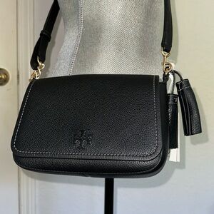 New Tory Burch Thea Flap Black Pebbled Leather Medium Crossbody